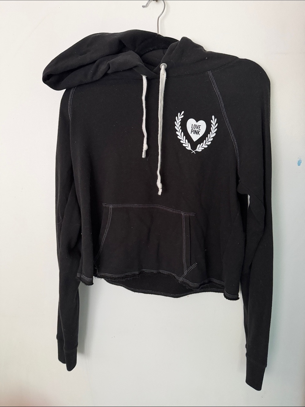 PINK Victoria's Secret Black Cropped Hoodie with White Heart Logo